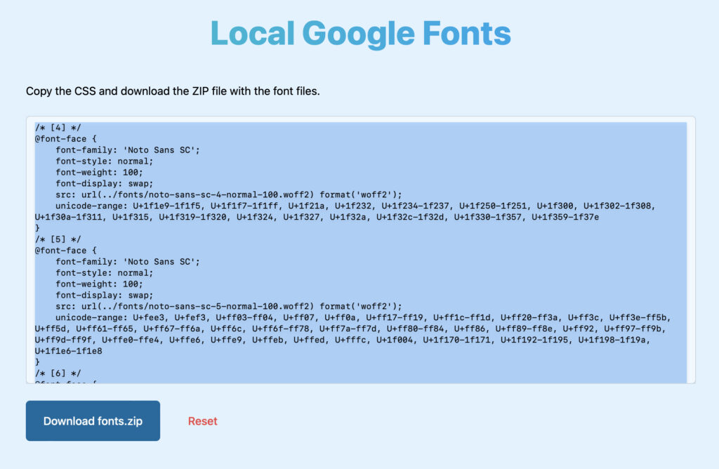 Screenshot of Local Google Fonts service with the final results based on the Noto Sans SC font