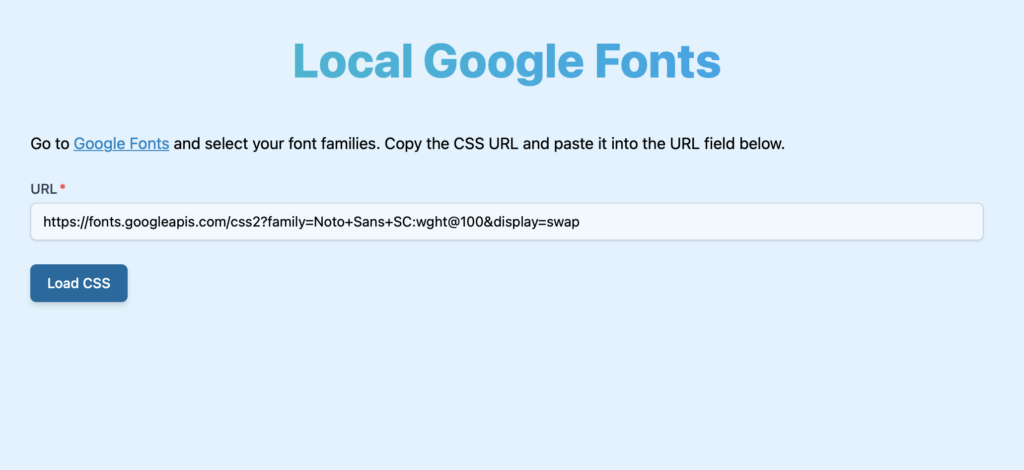 Screenshot of Local Google Fonts service with URL of a stylesheet entered