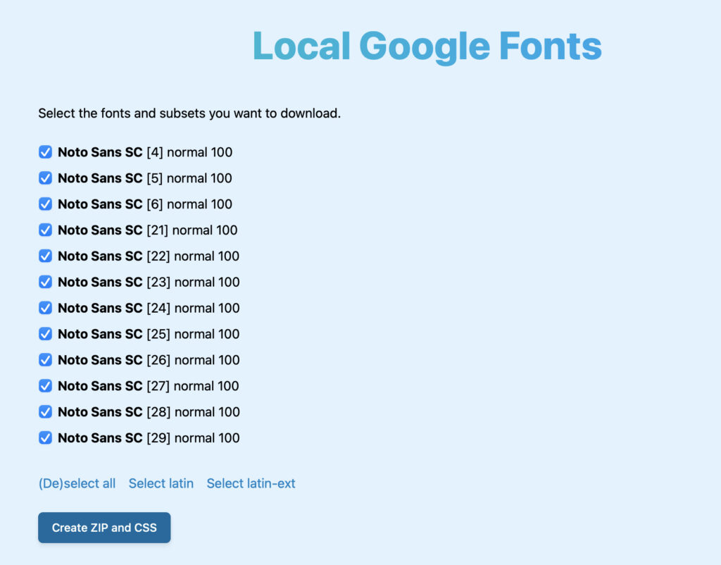 Screenshot of Local Google Fonts service where the fonts and subsets can be selected based on the Noto Sans SC font